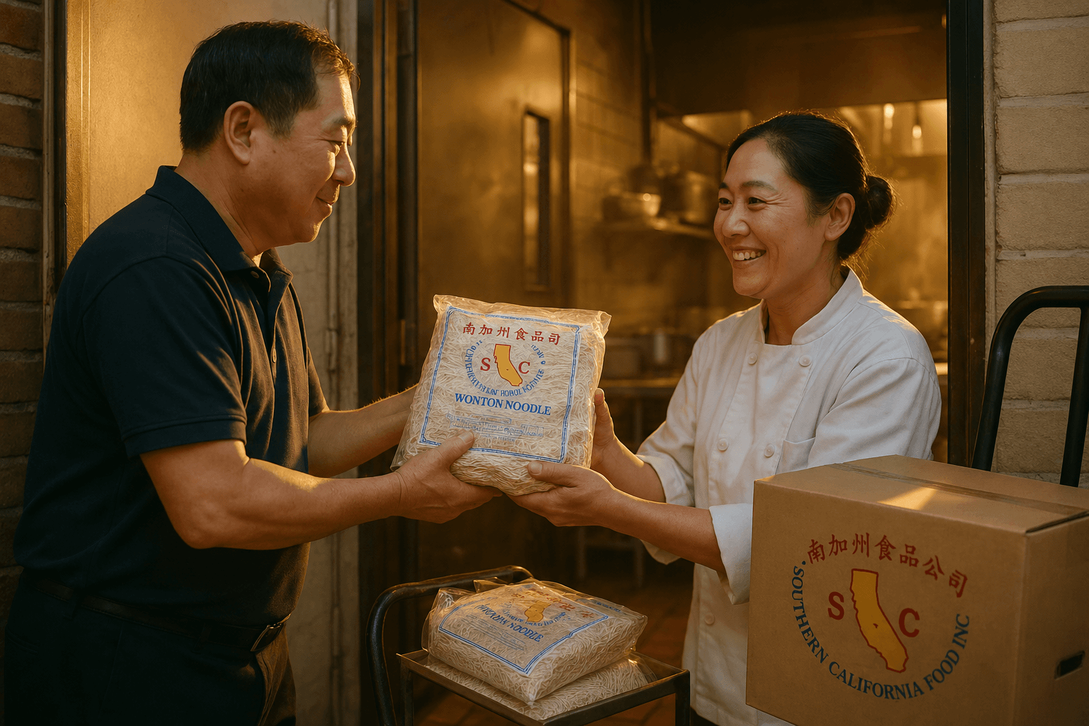 SC Food driver delivering fresh noodle packages to a restaurant chef — community partnership in action