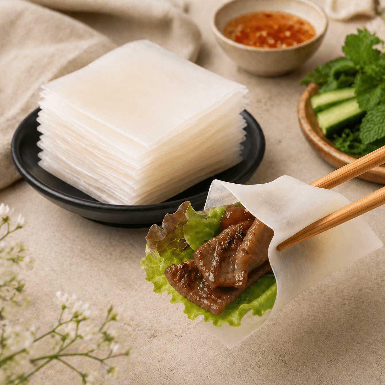 Specialty noodle products — wrappers, rolls, and custom varieties